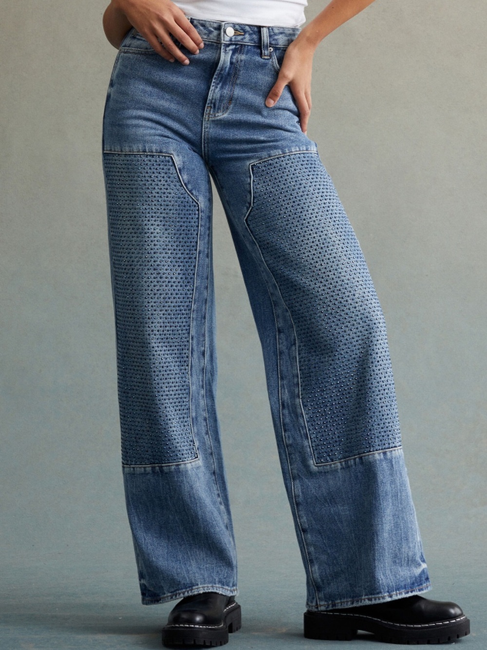 RARE DNM EDIT Dark Indigo Rhinestone High Waisted Baggy Jeans  (Never Worn)